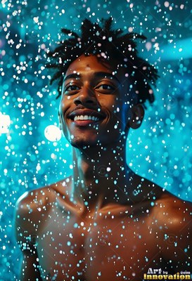 Short dreadlocks top a bare-chested man smiling standing in falling bright drops of blue light