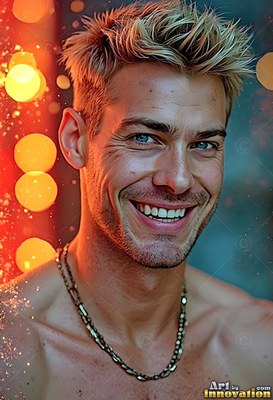 A smiling blond man grins directly forward beside blurred warm orange lights