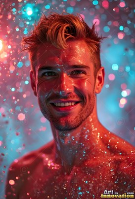 Facing forward in a spray of red and blue drops, a wet man smiles