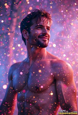 A shirtless happy man looks up through falling pink and purple light