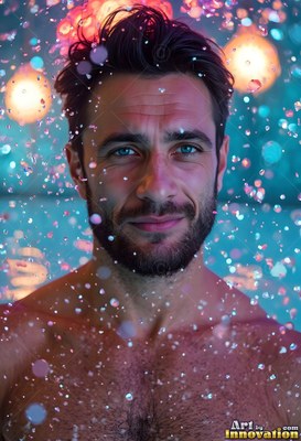 In blue light under falling drops of water, a smiling bearded man looking forward