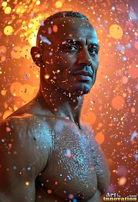 Standing shirtless, a wet man peers ahead through orange light and floating water drops