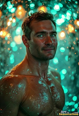 Shirtless man with a smile in green light with blurred falling drops of water