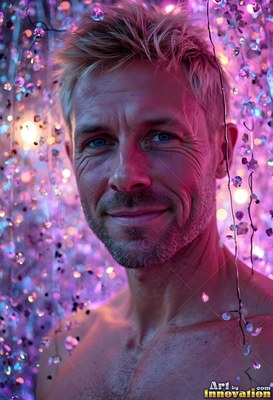 A smiling blond man looks forward behind strings of beads in purple light