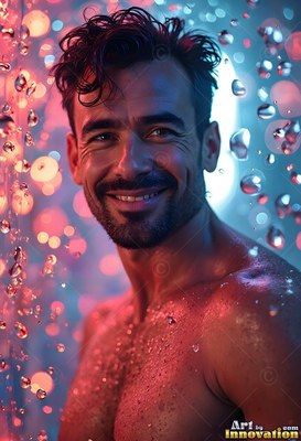 Turned slightly in a shower, a smiling shirtless man is lit by pink and blue lights