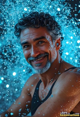 A smiling gray-haired man in a tank top surrounded by bright blue droplets of water