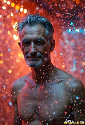 In a bright orange shower, an older shirtless man stands under falling specks of light