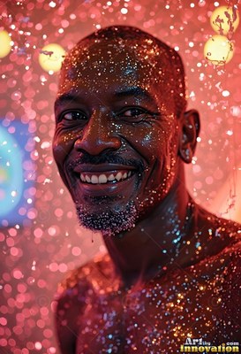 Smiling broadly, a wet man stands covered in tiny red sparkles under bright lights