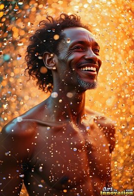 Smiling shirtless man under bright orange droplets of water