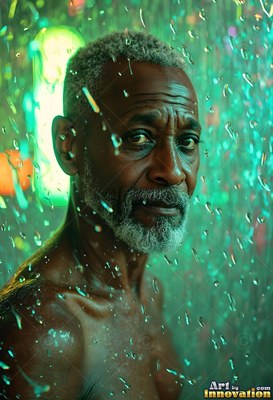 Short gray beard on an older man standing bare-shouldered in green rain light