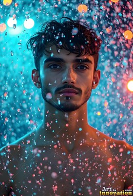 A shirtless man stares forward under descending water lit by blue and orange lights