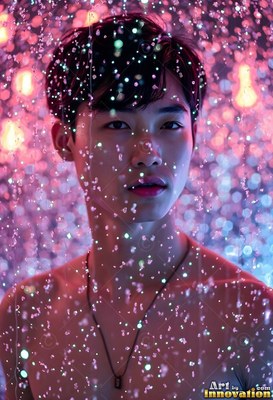 Facing forward in descending water, a shirtless man standing in pink light