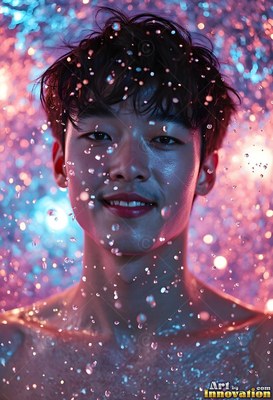 A smiling young man stands bare-chested in sparkling water under pink and blue light