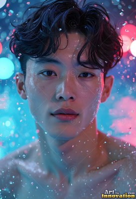 In blue and pink light, a wet young man stands under falling water droplets
