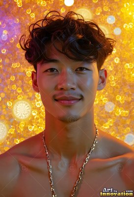 Smiling softly, a shirtless young man stands against a backdrop of bright yellow bokeh lights