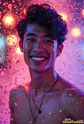 Man smiling standing under water coming down in bright purple light