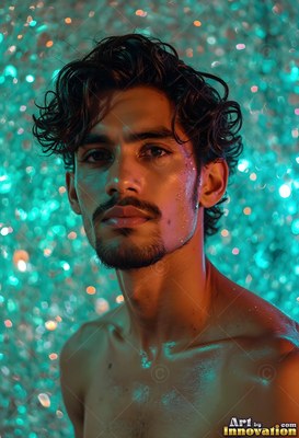 Water drips from the dark hair of a bare-chested man against turquoise light