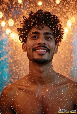 A smiling bare-chested man stands in descending water droplets lit by warm yellow bokeh lights