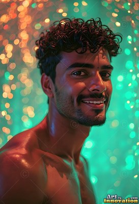 Turned to the side, a man with a smile stands in green and warm gold light spots