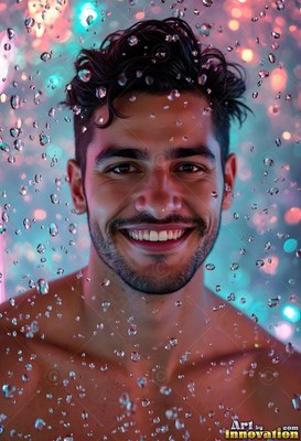 A smiling man stares through cascading drops of water lit by soft pink and blue lights