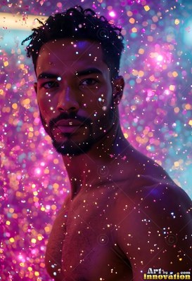 In sparkling purple light, a shirtless man stands in a shower of water droplets