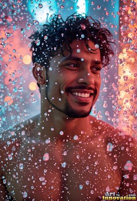 Smiling in the water coming down, a shirtless man stands in pink and teal light