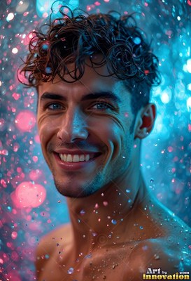 Happy man with wet curly hair in blue light and pink raindrops