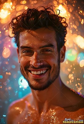 Dark curly hair on a bare-chested man smiling standing in warm orange light and falling drops of water