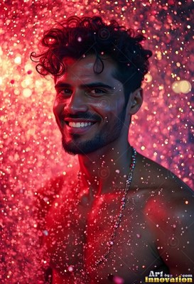 A smiling bare-chested man stands in cascading water lit by deep red light