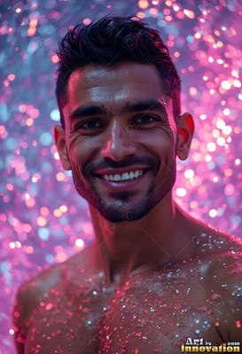 Smiling close up, a man stands in bright purple light and falling drops