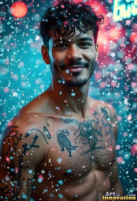 A smiling shirtless man with tattoos stands in blue light as confetti falls around him