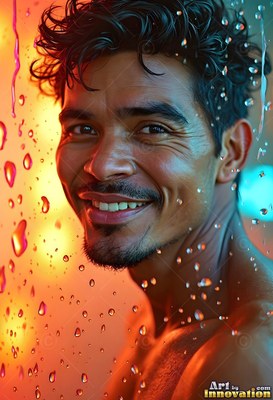 Under warm orange light, a smiling wet man stands behind wet glass