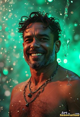 Smiling in falling water, a shirtless bearded man stands in bright green light