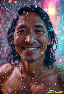 Smiling bare-chested man with wet hair in rain under blue light