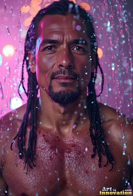 Braided dark hair falls past a man's shoulders under cascading water in purple light