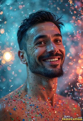 A grinning man gazes ahead as droplets fall around him in teal and warm light