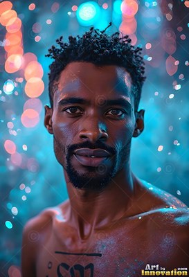 Facing forward in falling water, a shirtless man is lit by cool blue light