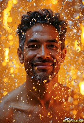 A smiling bare-chested man standing in warm yellow light as water droplets fall around him