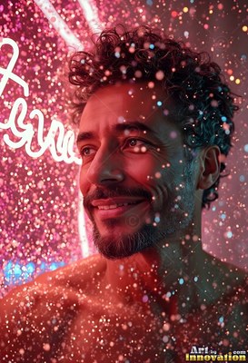 In bright pink light, a shirtless man smiles under sparkling drops of water