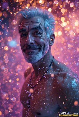 Smiling gently, a shirtless older man with gray hair stands in falling drops of purple light