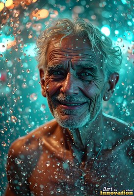 Smiling older man in water coming down under teal light