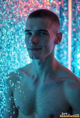 A buzz cut man smirks beside falling water lit by bright blue and pink neon light