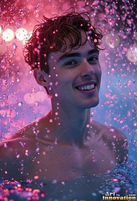 A man with a smile stands in water under splashing droplets caught in bright pink light