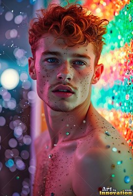 Turned sideways in a bright room, a shirtless man dusted with glitter