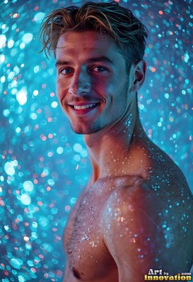 A bare-chested man smiling with wet hair stands in bright blue sparkling light
