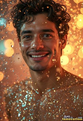 In a warm shower of bright water droplets, a shirtless man with a smile looks forward