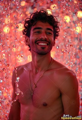 Smiling in warm pink light, a shirtless man standing behind hanging glass beads