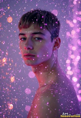 A young man looking forward in purple rain light