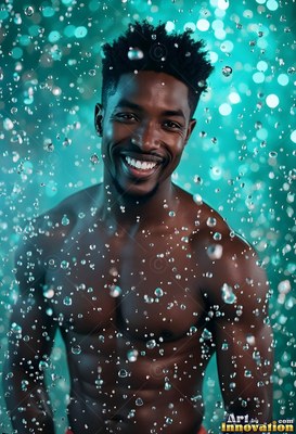 A man with a smile without a shirt with short twists stands in cascading water lit with bright teal light