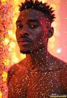 A shirtless man stares forward with tiny colored specks on his skin under warm yellow light